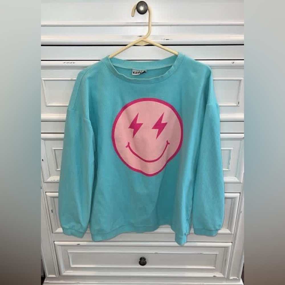 Katydid Aqua Sweatshirt with Pink Smiley